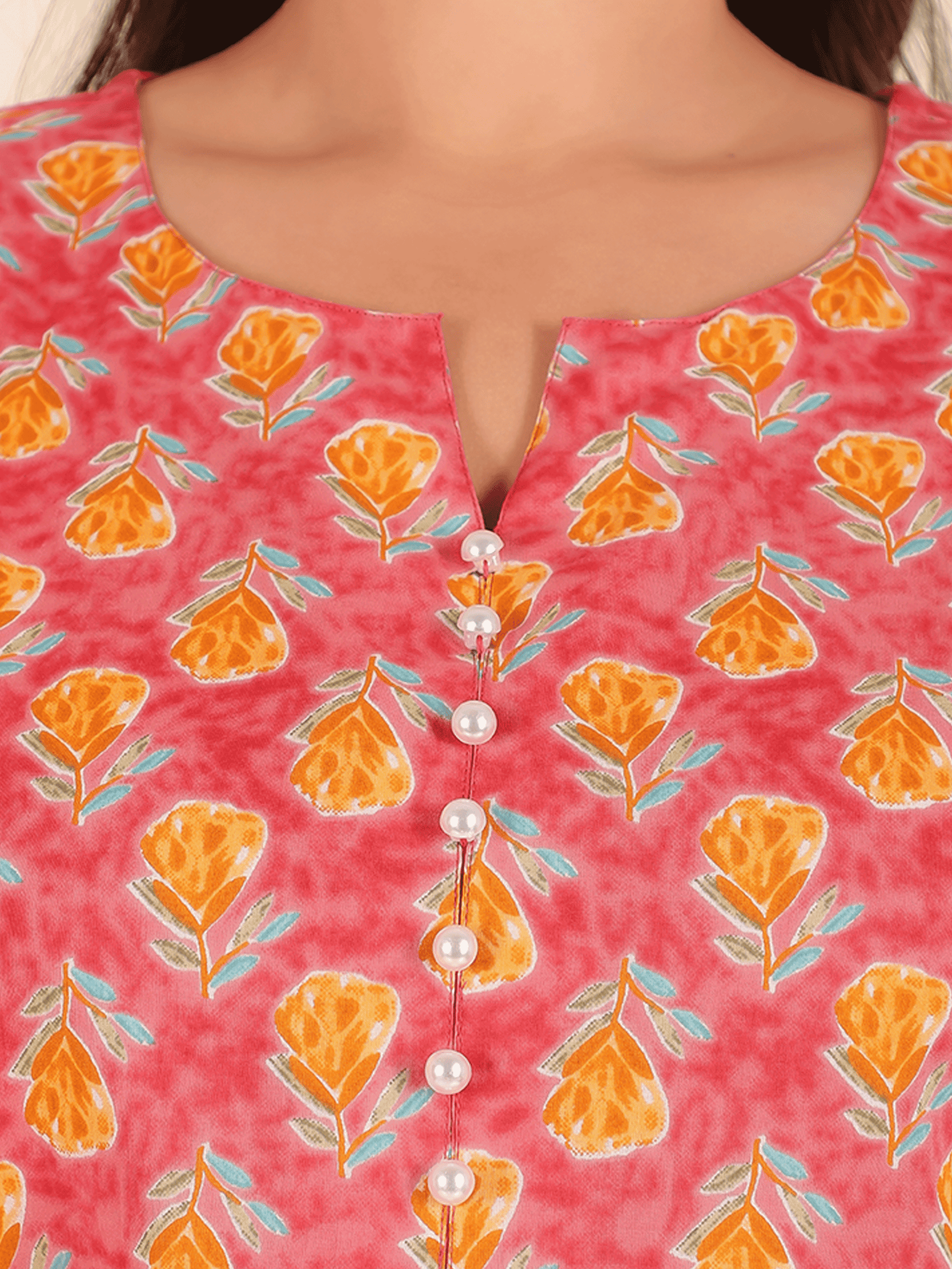 Soft Cotton Floral A-line Peach Kurta