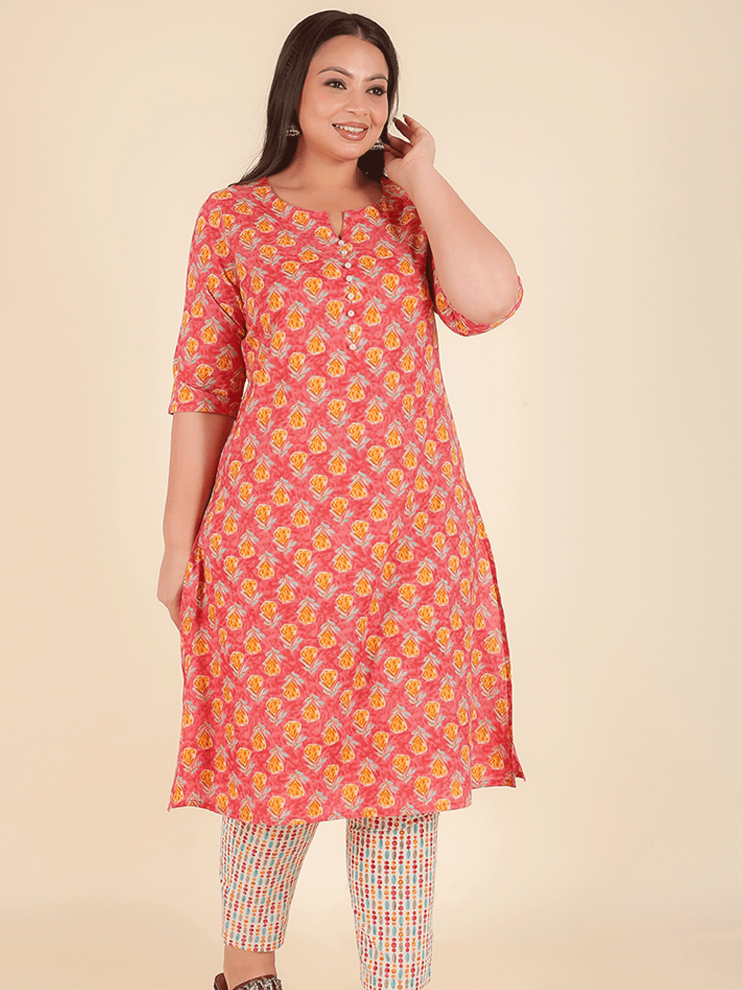 Soft Cotton Floral A-line Peach Kurta