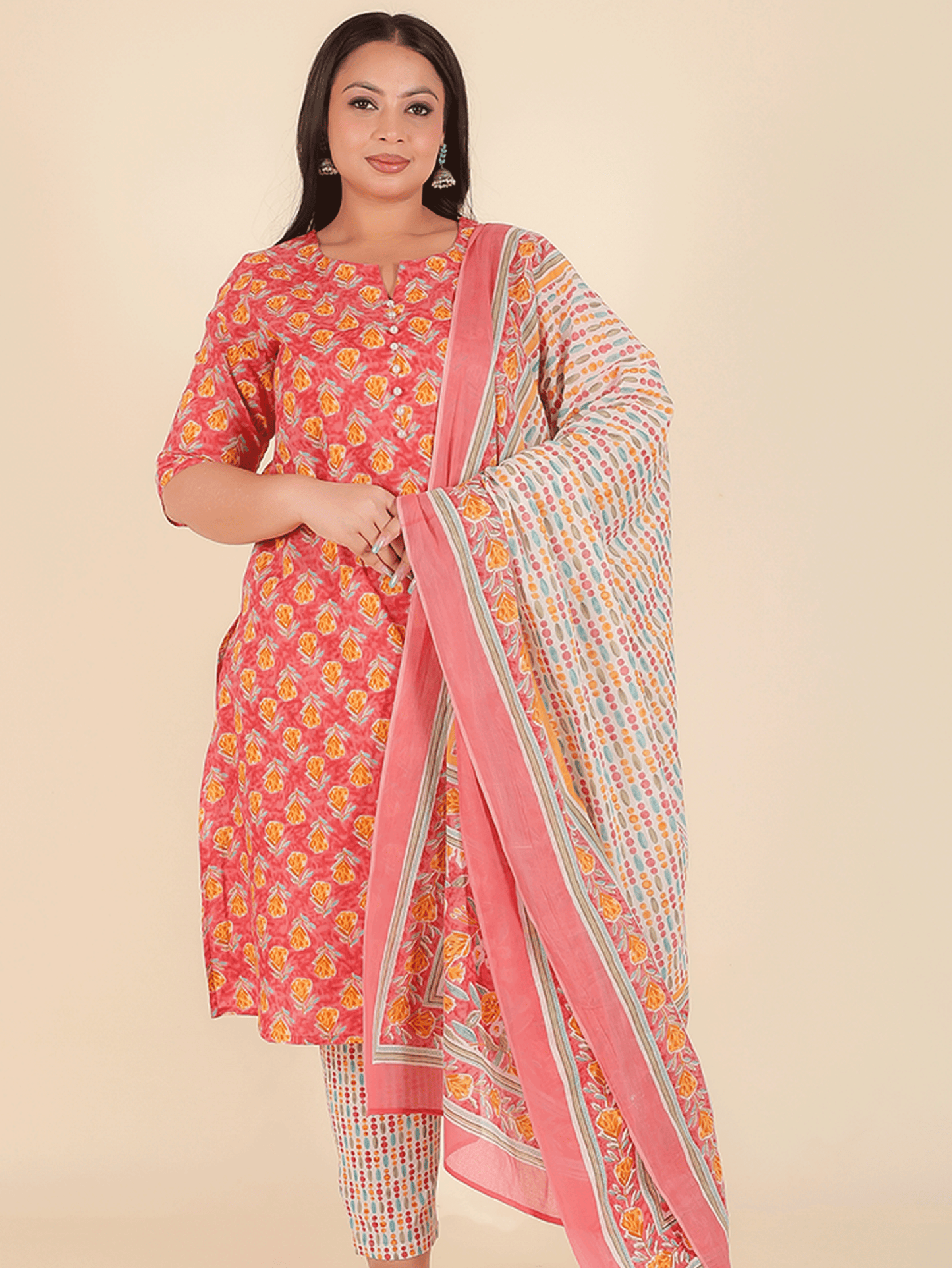 Soft Cotton Floral A-line Peach Kurta