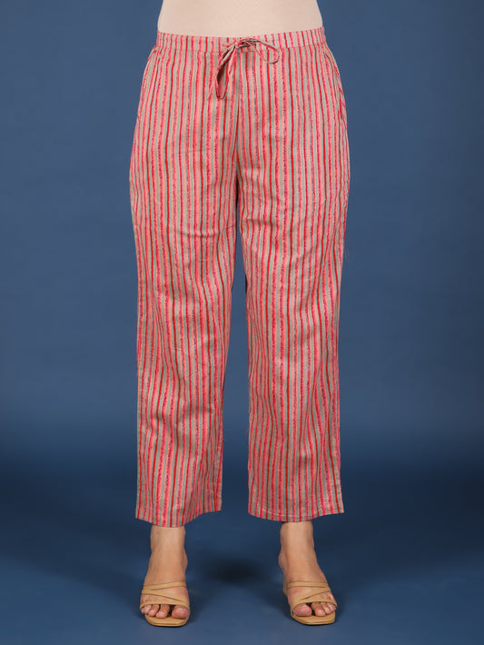 Soft Cotton Striped Red Straight Trousers
