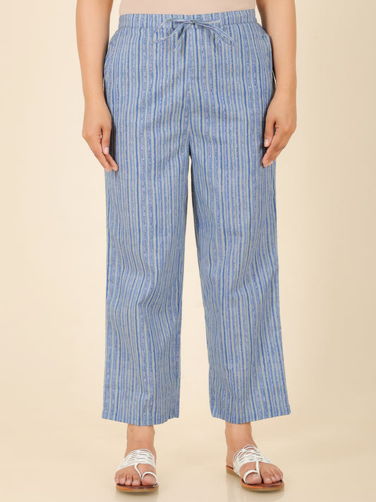 Soft Cotton Striped Blue Straight Trousers