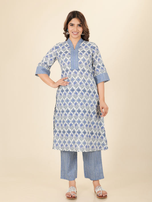 Soft Cotton Floral Straight Blue Kurta