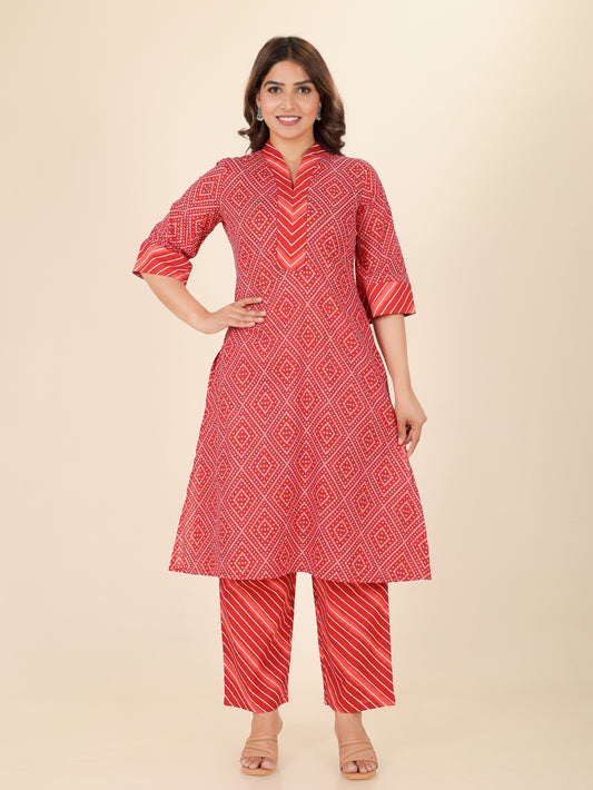 Soft Cotton Bandhani Straight Red Kurta