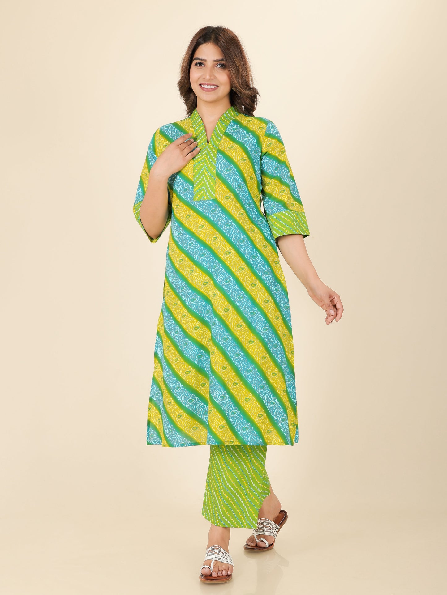Soft Cotton Bandhani Straight Green Kurta
