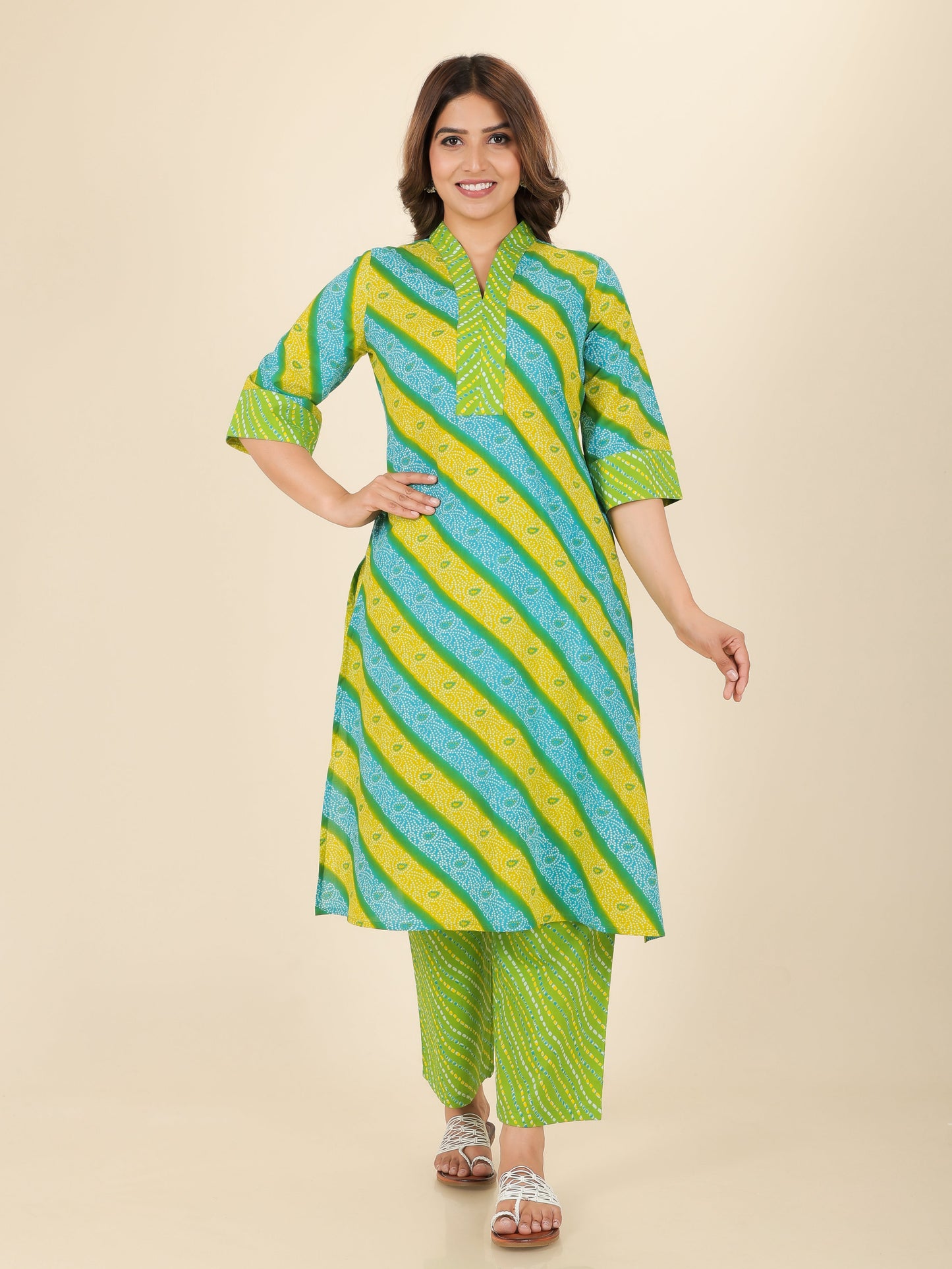 Soft Cotton Bandhani Straight Green Kurta