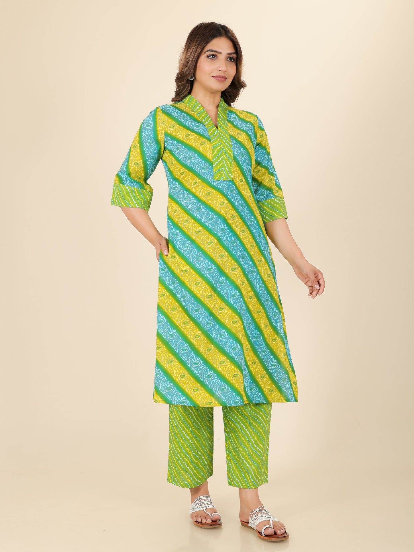 Soft Cotton Bandhani Straight Green Kurta