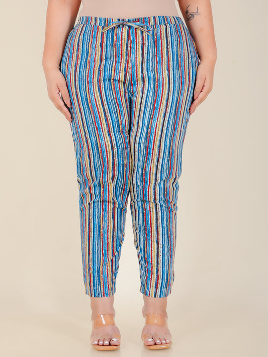Soft Cotton Striped Blue Tapered Trousers