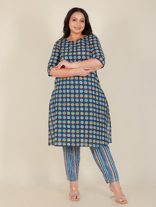 Soft Cotton Geometric A-line Blue Kurta