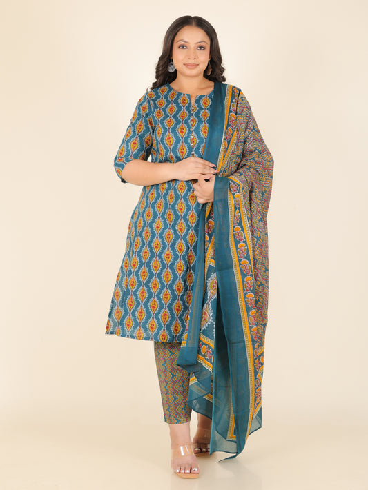 Soft Cotton Geometric A-line Blue Kurta