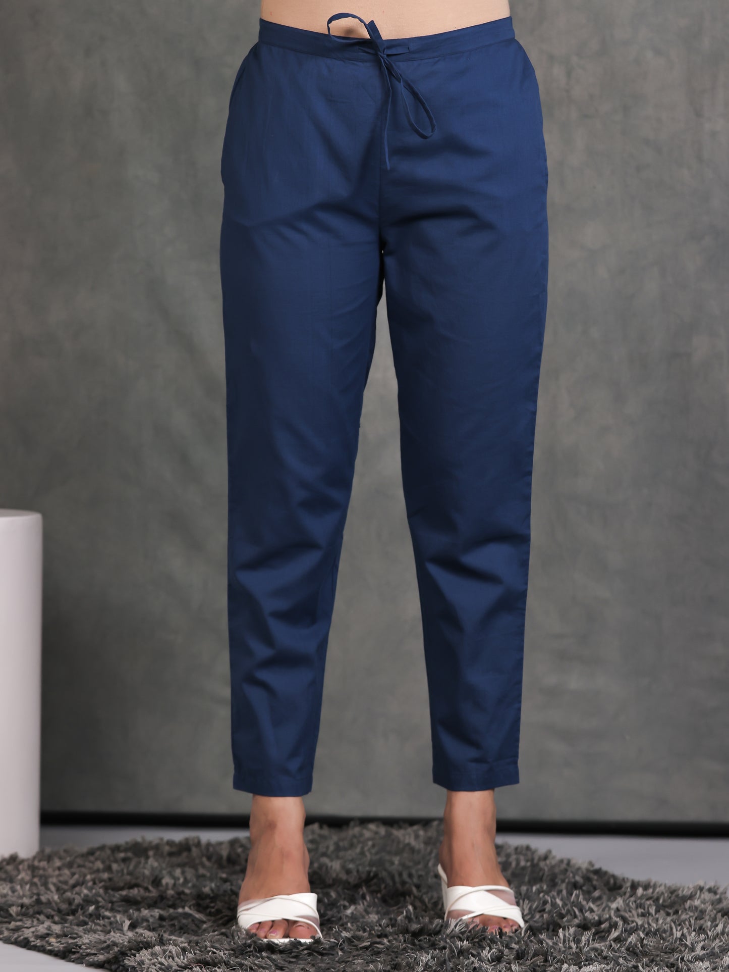 Soft Cotton Solid Blue Tapered Trousers