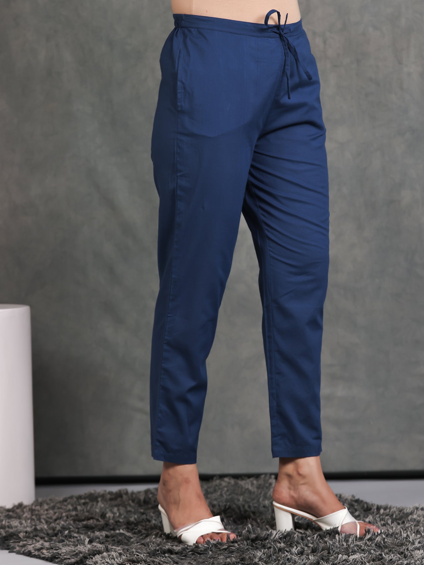 Soft Cotton Solid Blue Tapered Trousers