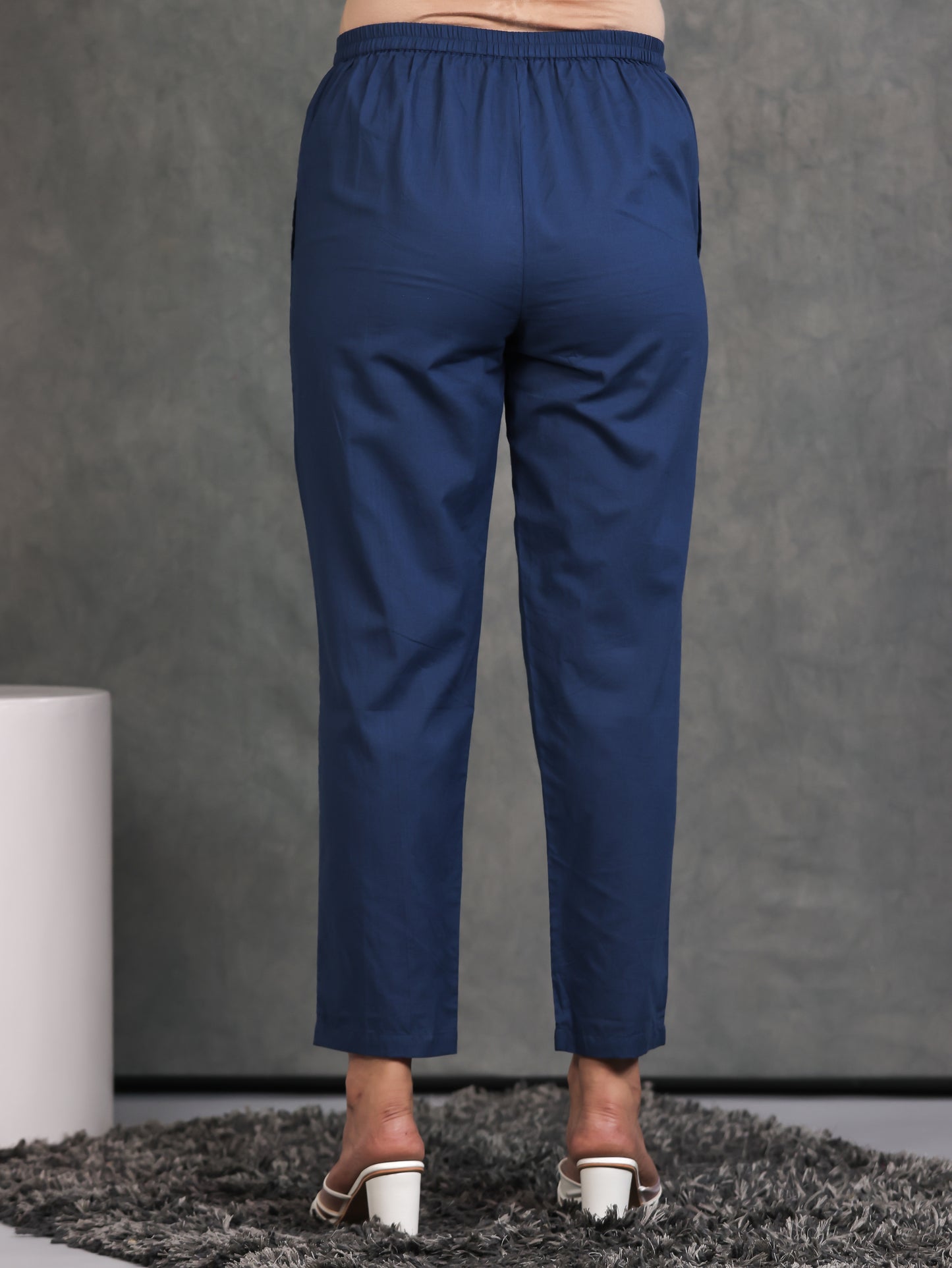 Soft Cotton Solid Blue Tapered Trousers