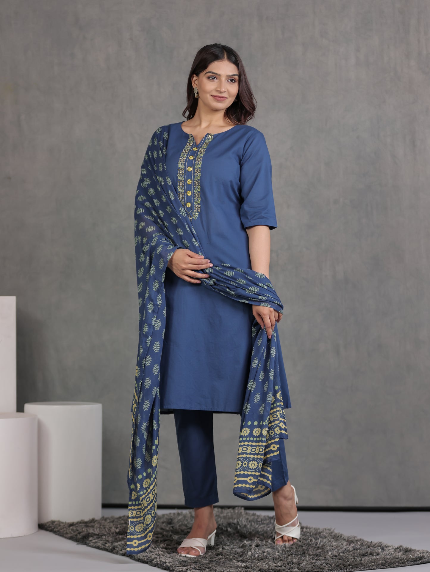 Embroidered Soft Cotton Solid A-line Indigo blue Kurta