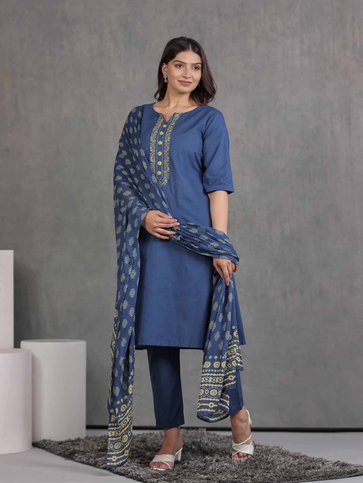 Embroidered Soft Cotton Solid A-line Blue Kurta