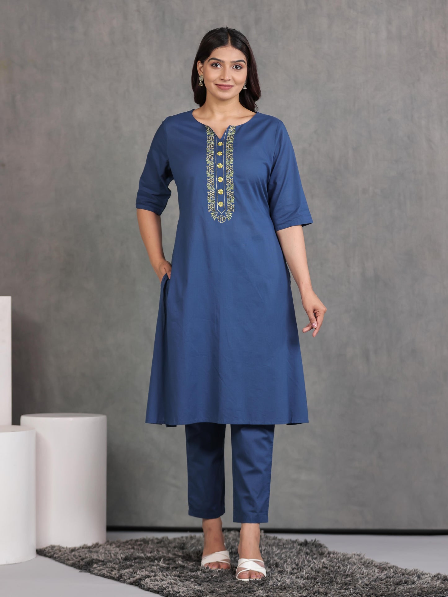 Embroidered Soft Cotton Solid A-line Indigo blue Kurta