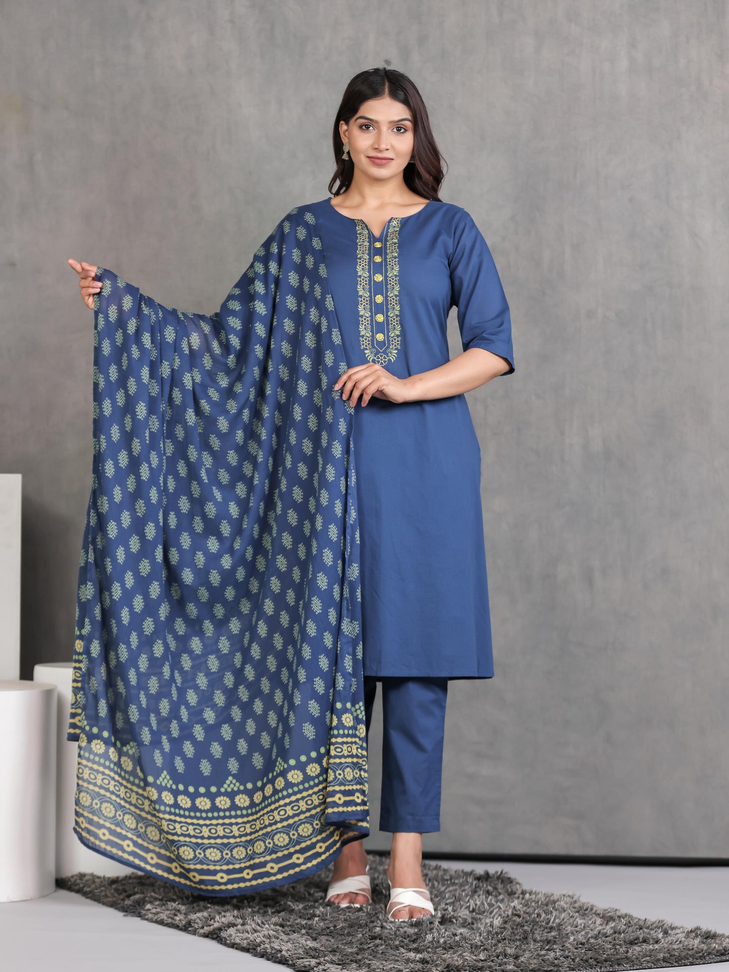 Embroidered Soft Cotton Solid A-line Indigo blue Kurta