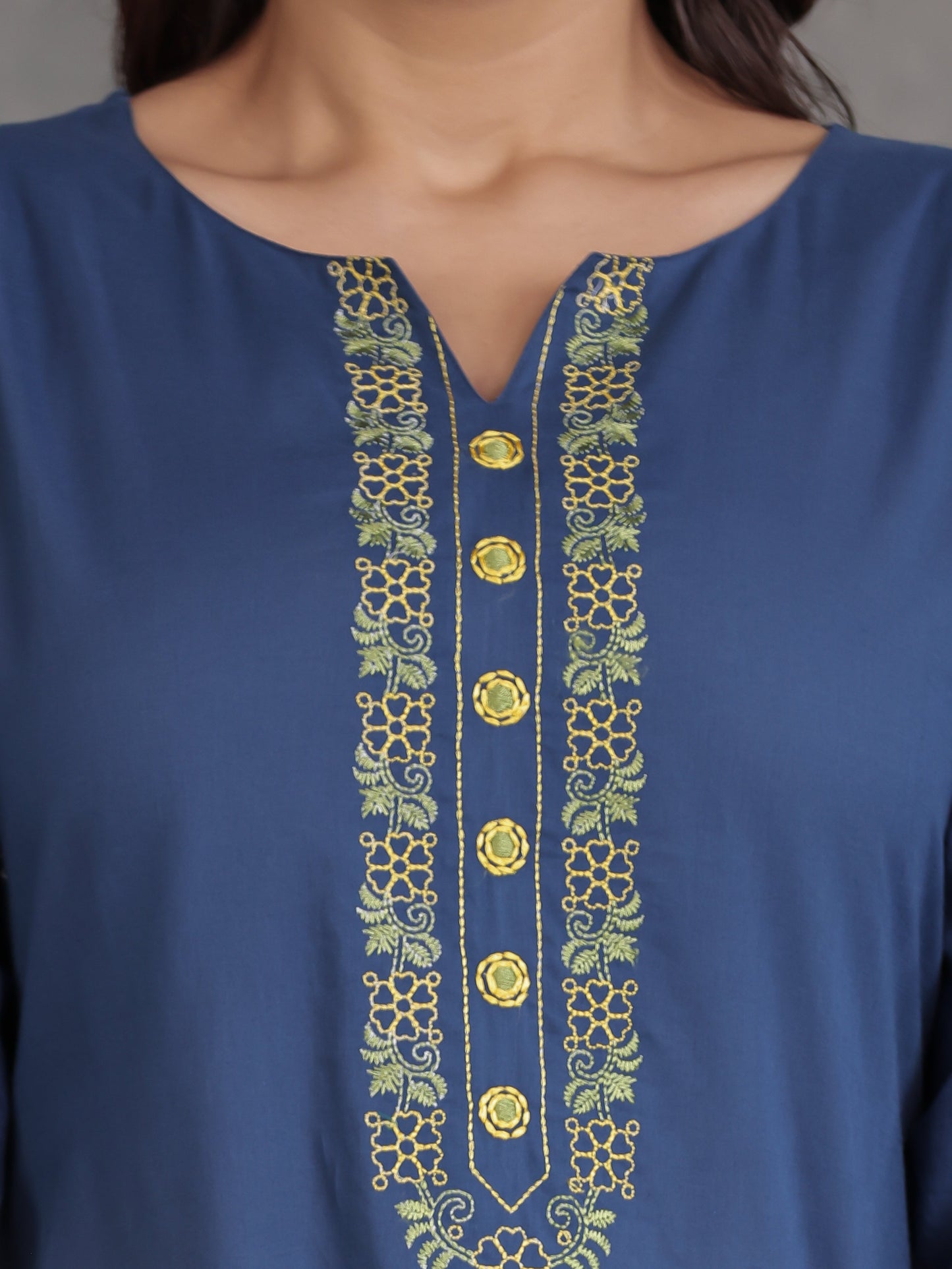 Embroidered Soft Cotton Solid A-line Blue Kurta