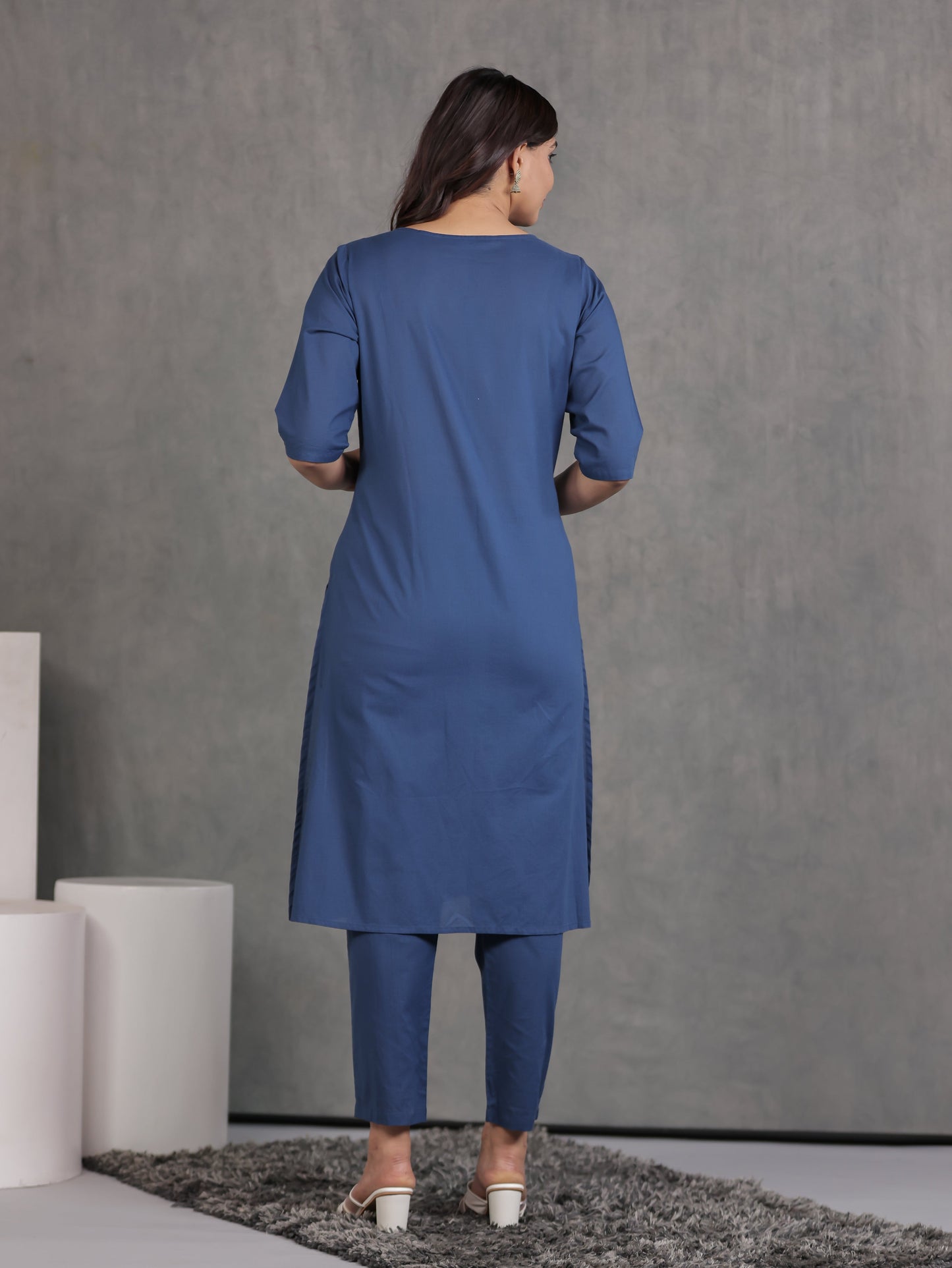 Embroidered Soft Cotton Solid A-line Blue Kurta