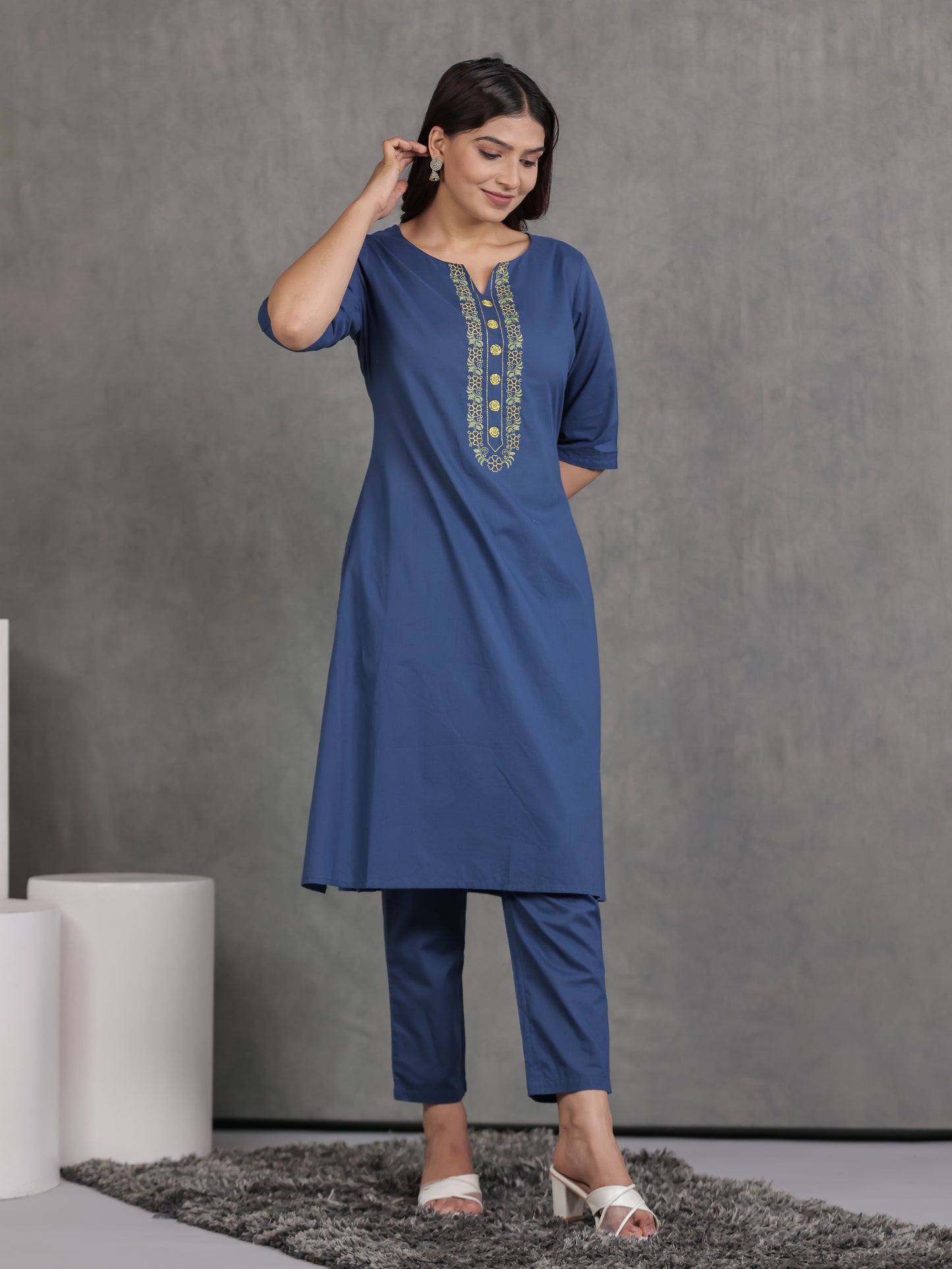 Embroidered Soft Cotton Solid A-line Indigo blue Kurta