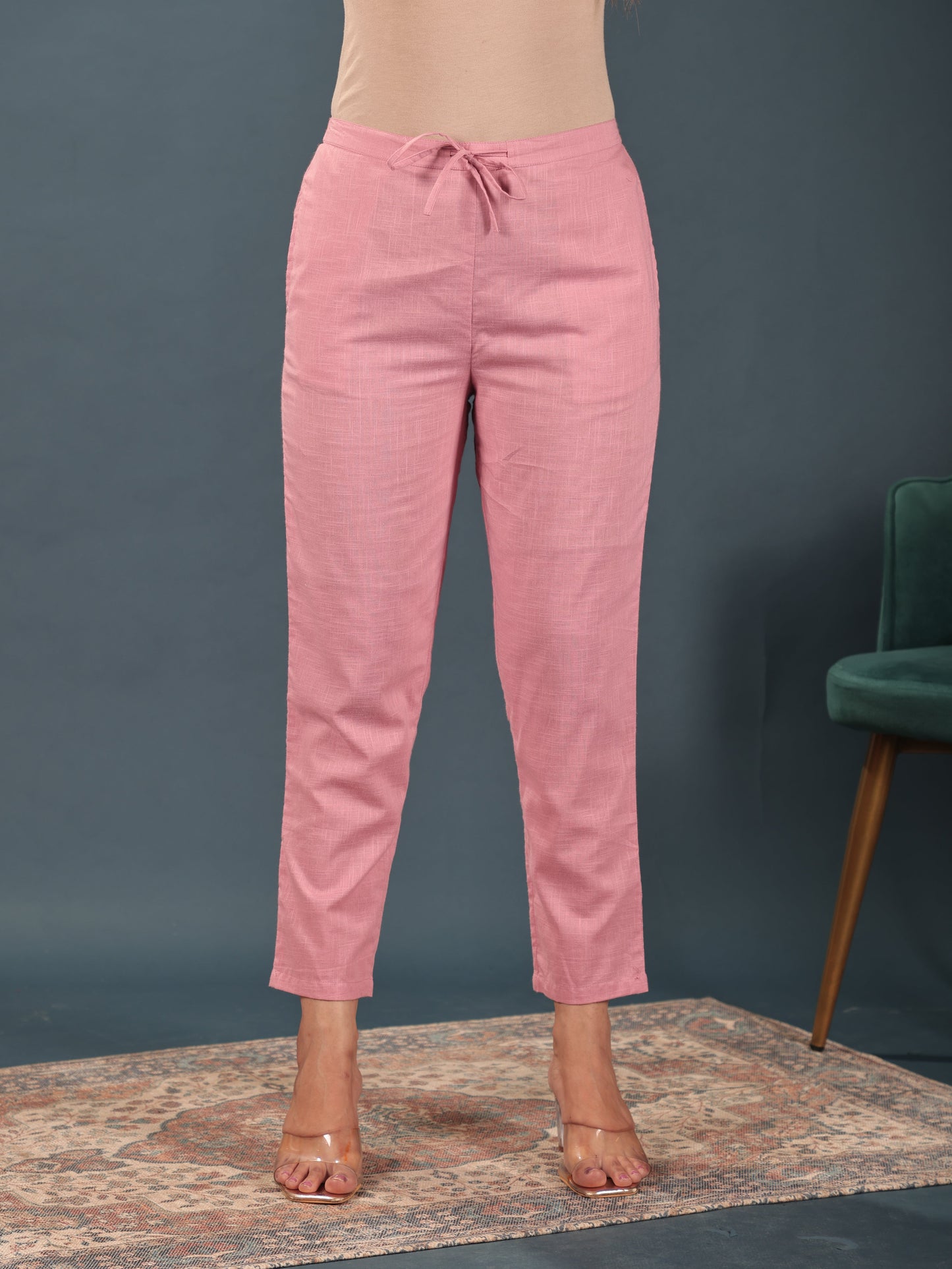 Natural Cotton Solid Pink Tapered Trousers