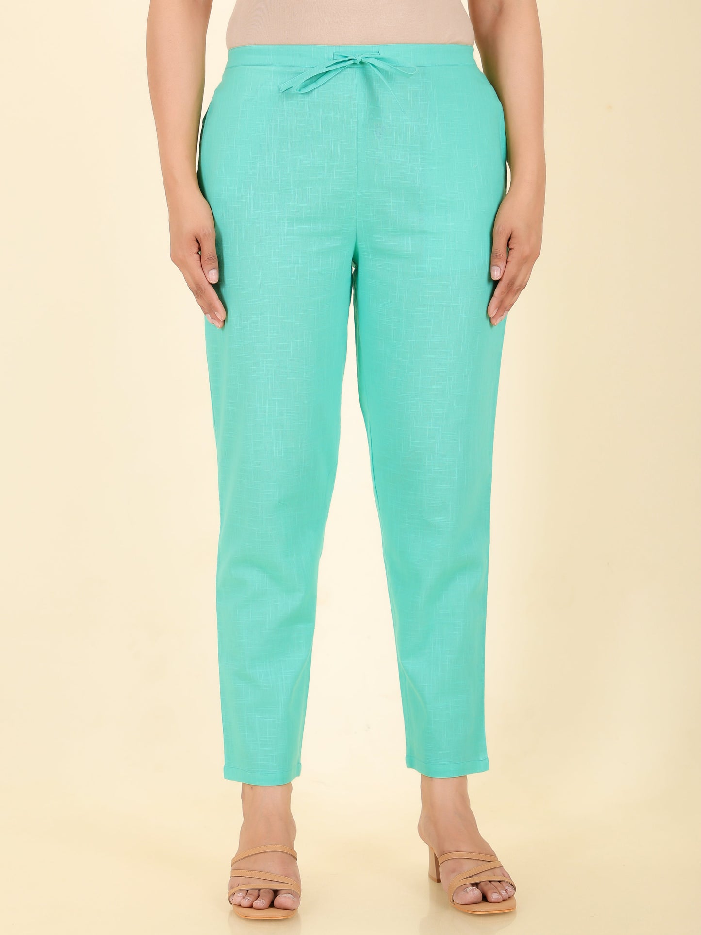 Natural Cotton Solid Green Tapered Trousers
