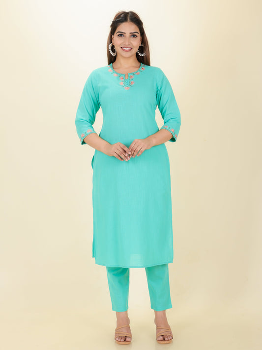 Natural Cotton Solid Straight Green Kurta