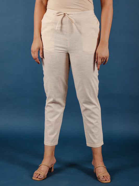 Natural Cotton Solid Beige Tapered Trousers