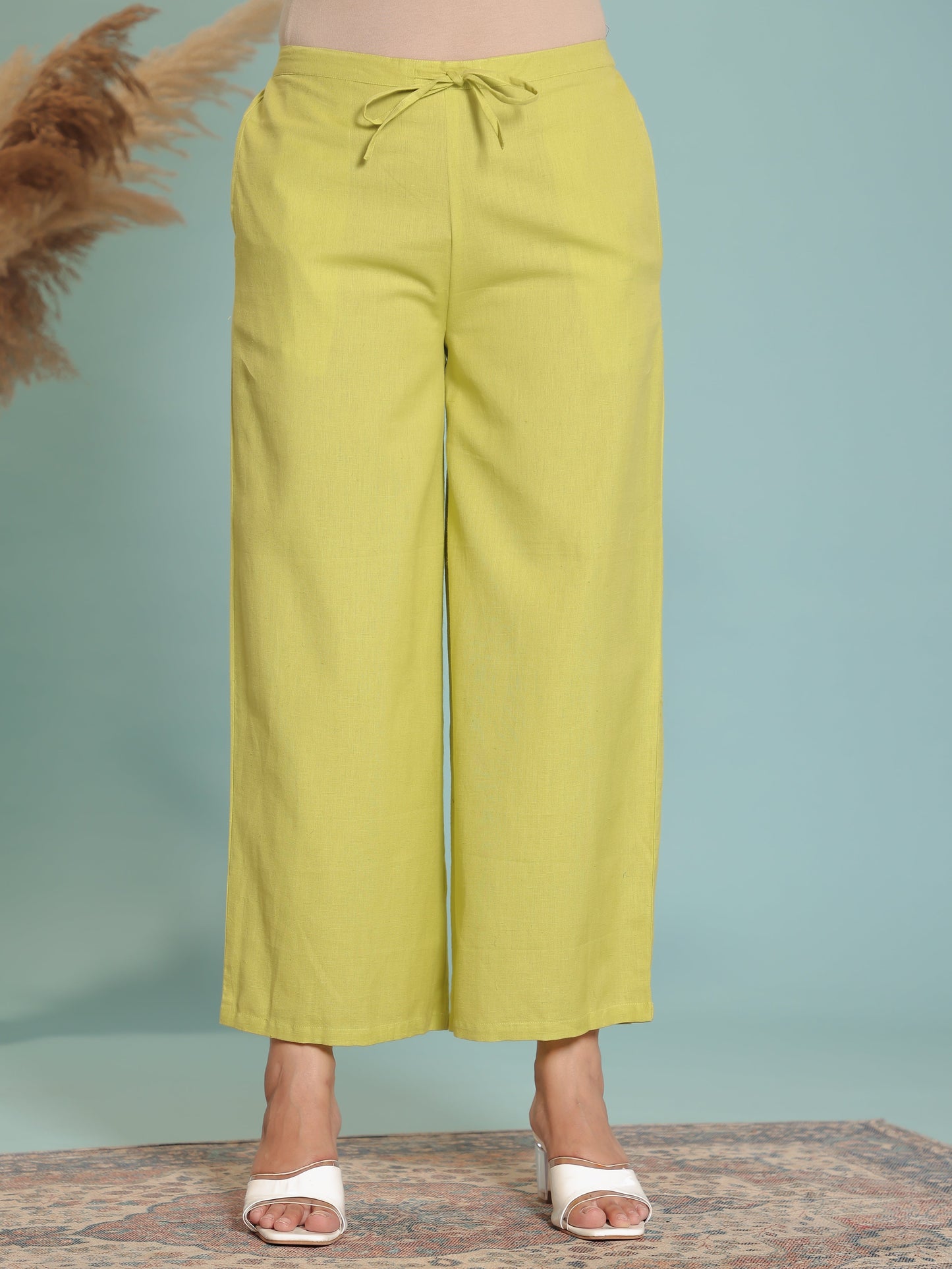 Linen Cotton Solid Lime Green Trouser