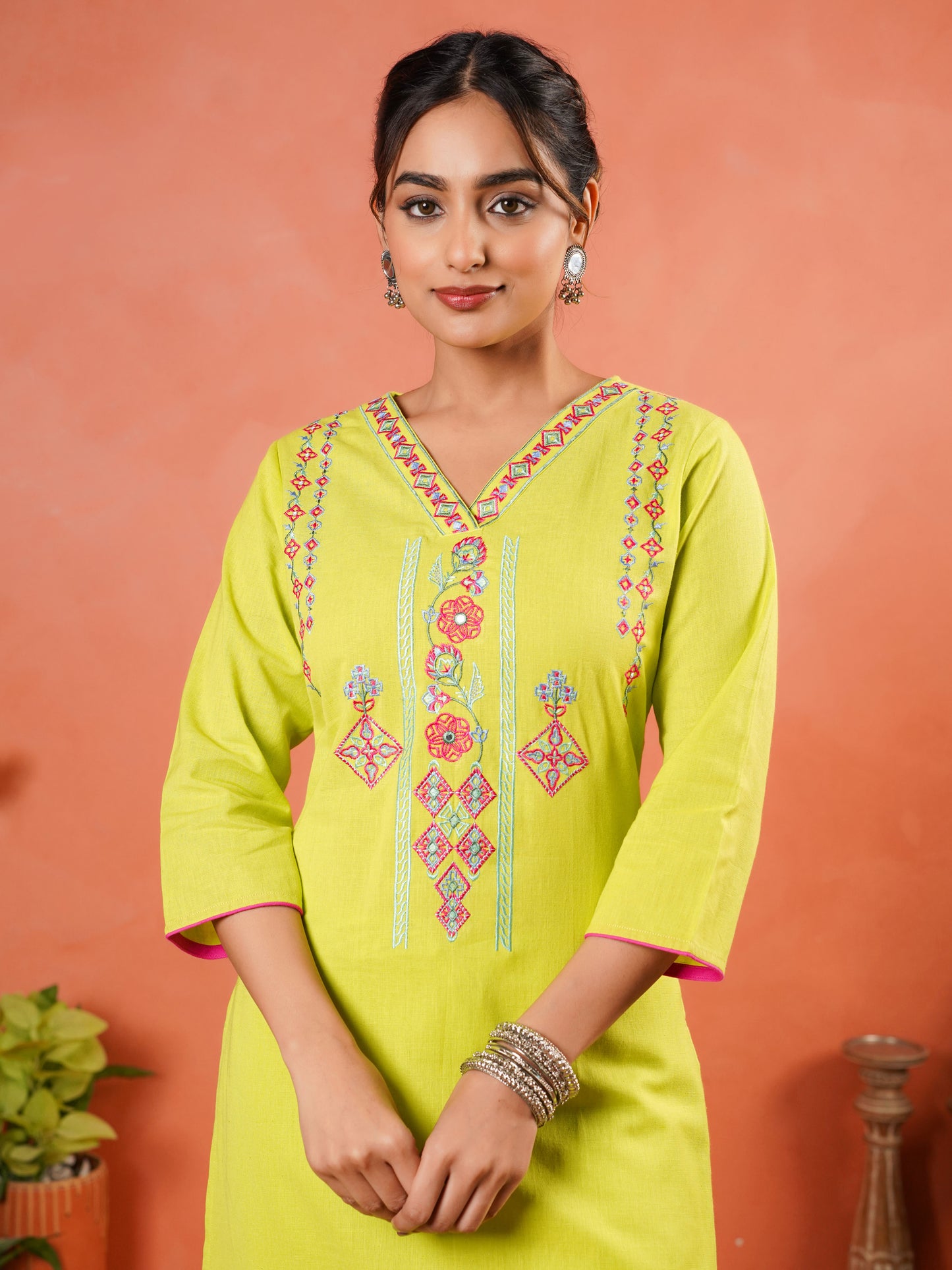Embroidered Linen Cotton Solid A-line Lime Green Kurta