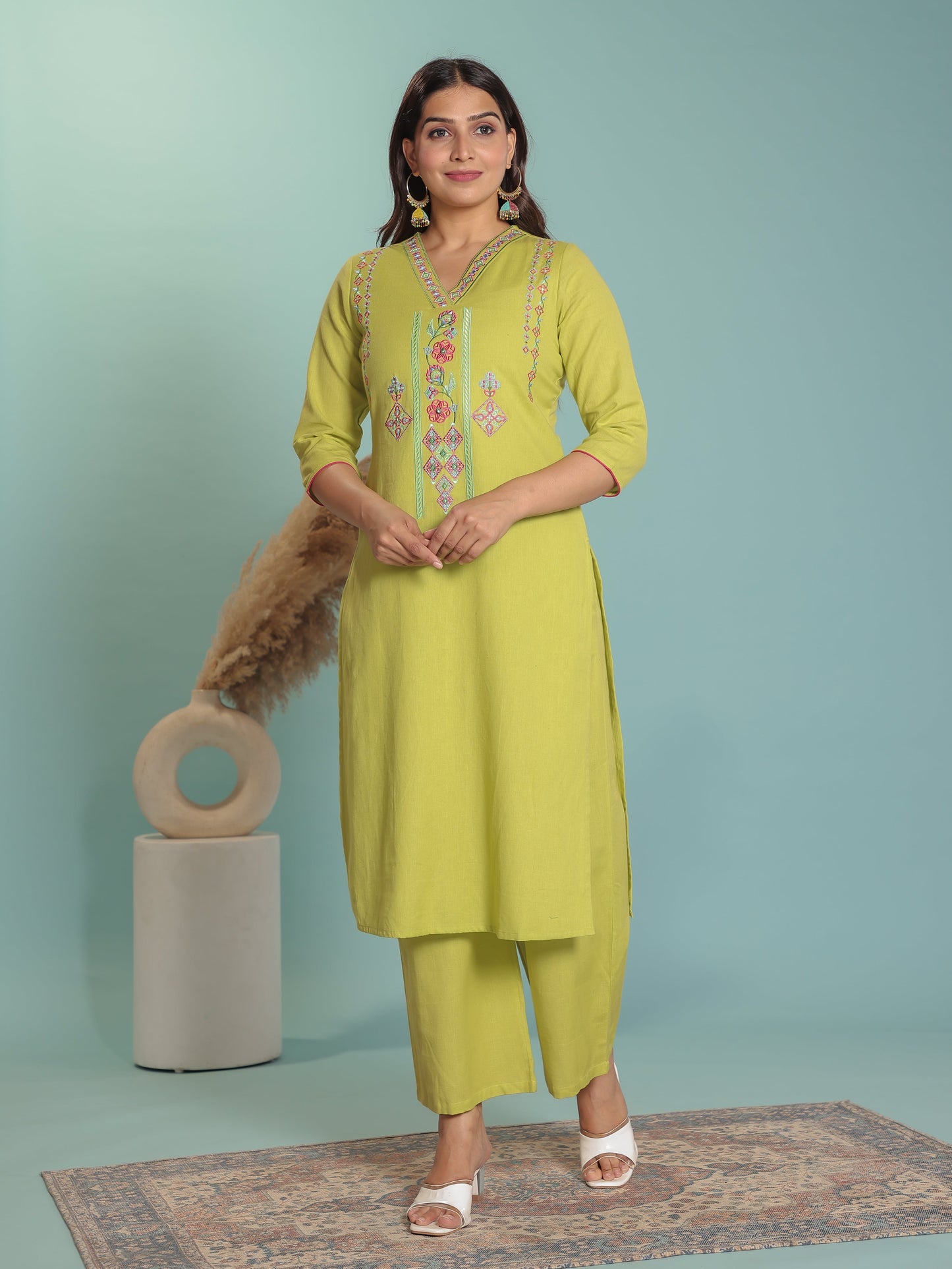 Embroidered Linen Cotton Solid A-line Lime Green Kurta