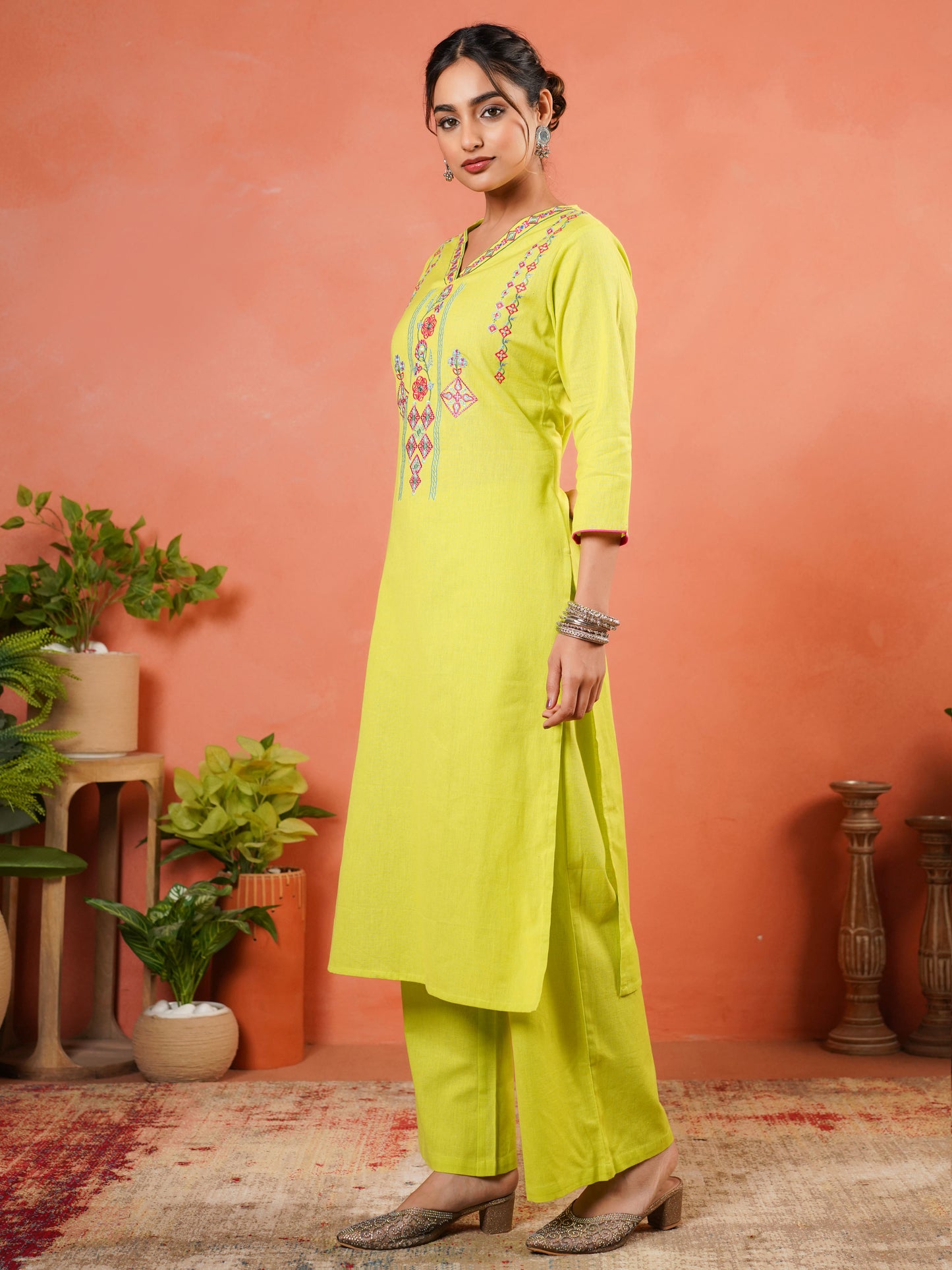 Embroidered Linen Cotton Solid A-line Lime Green Kurta