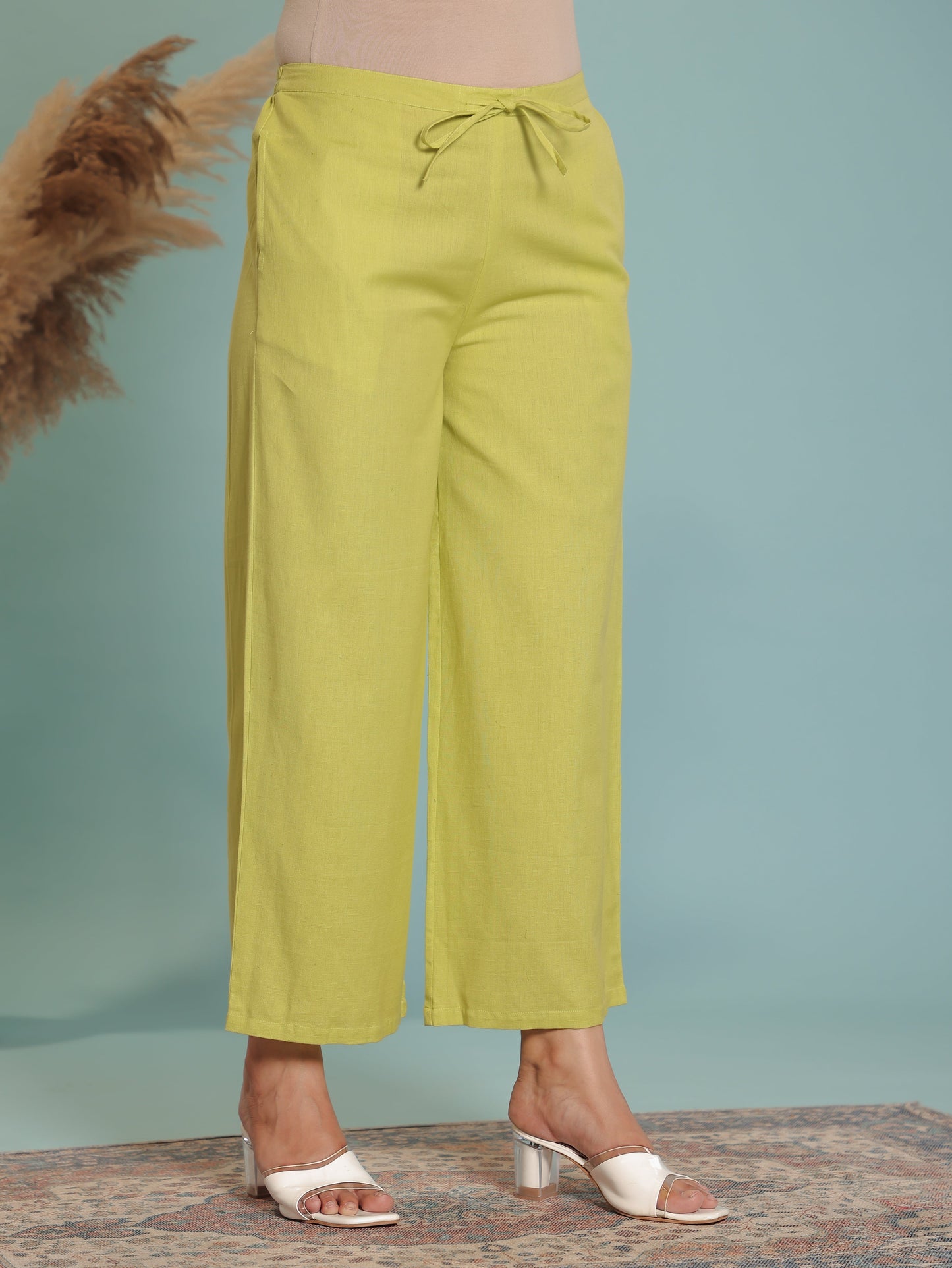 Embroidered Linen Cotton Solid A-line Lime Green Kurta