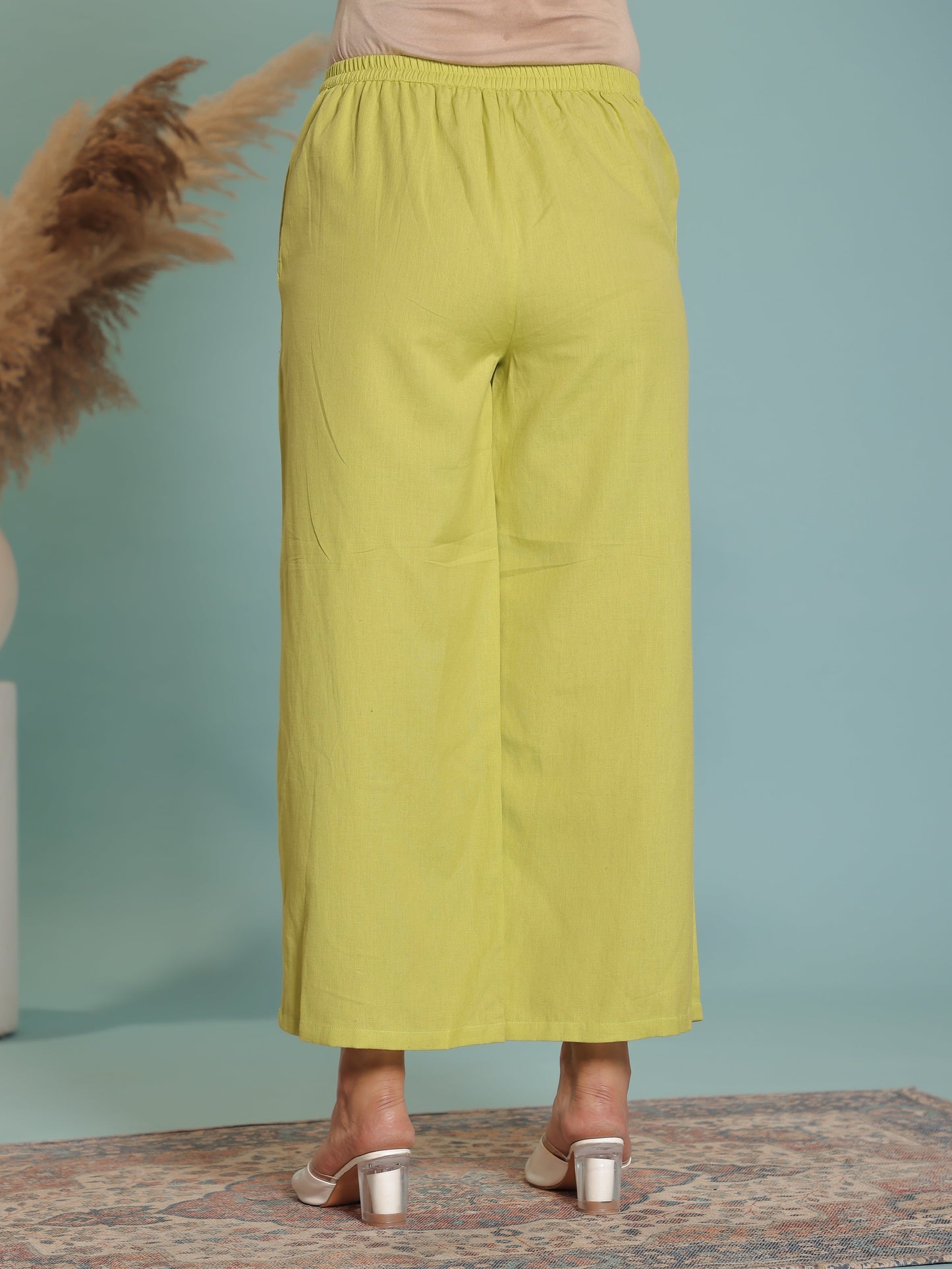 Embroidered Linen Cotton Solid A-line Lime Green Kurta