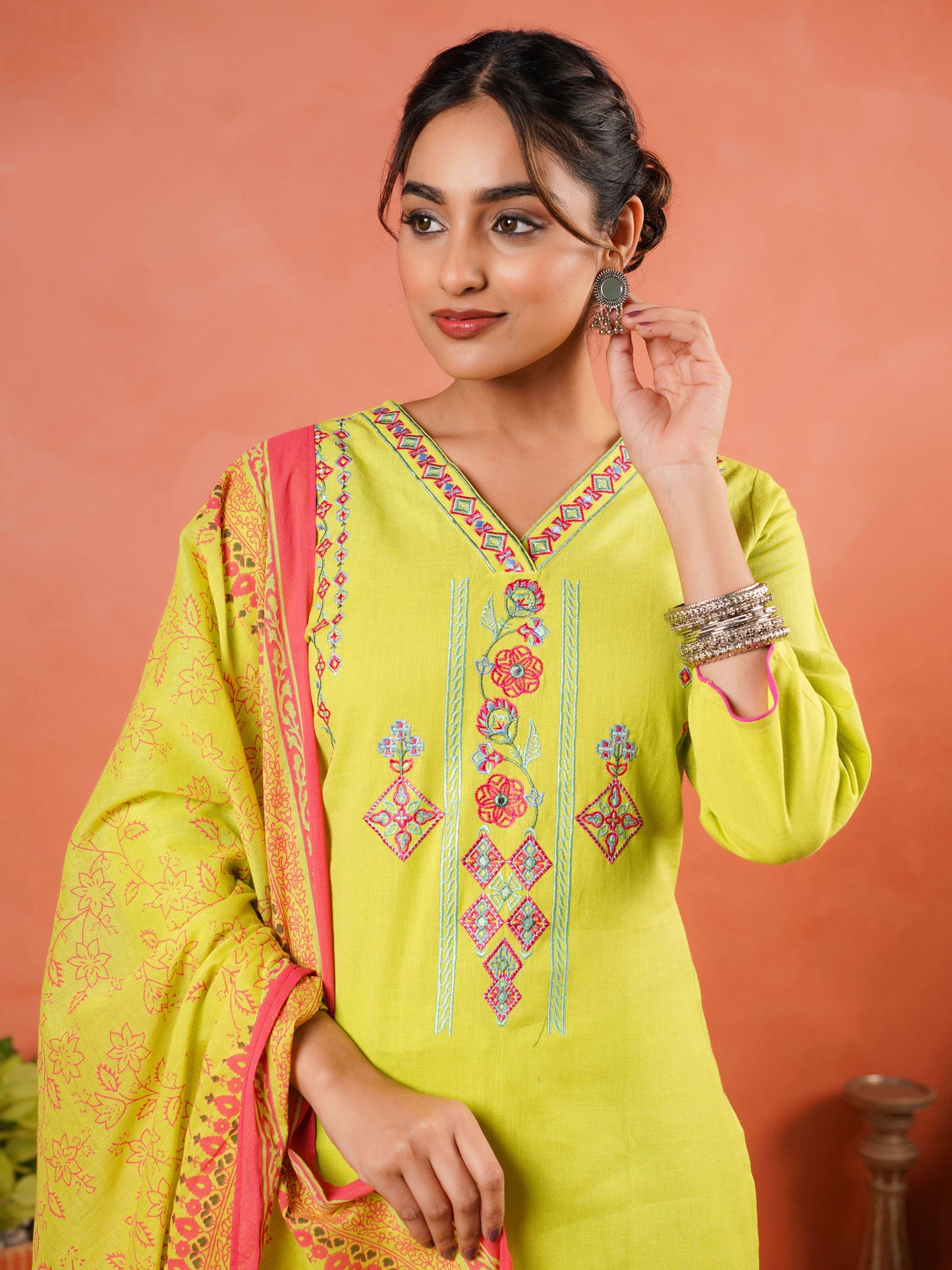 Embroidered Linen Cotton Solid A-line Lime Green Kurta