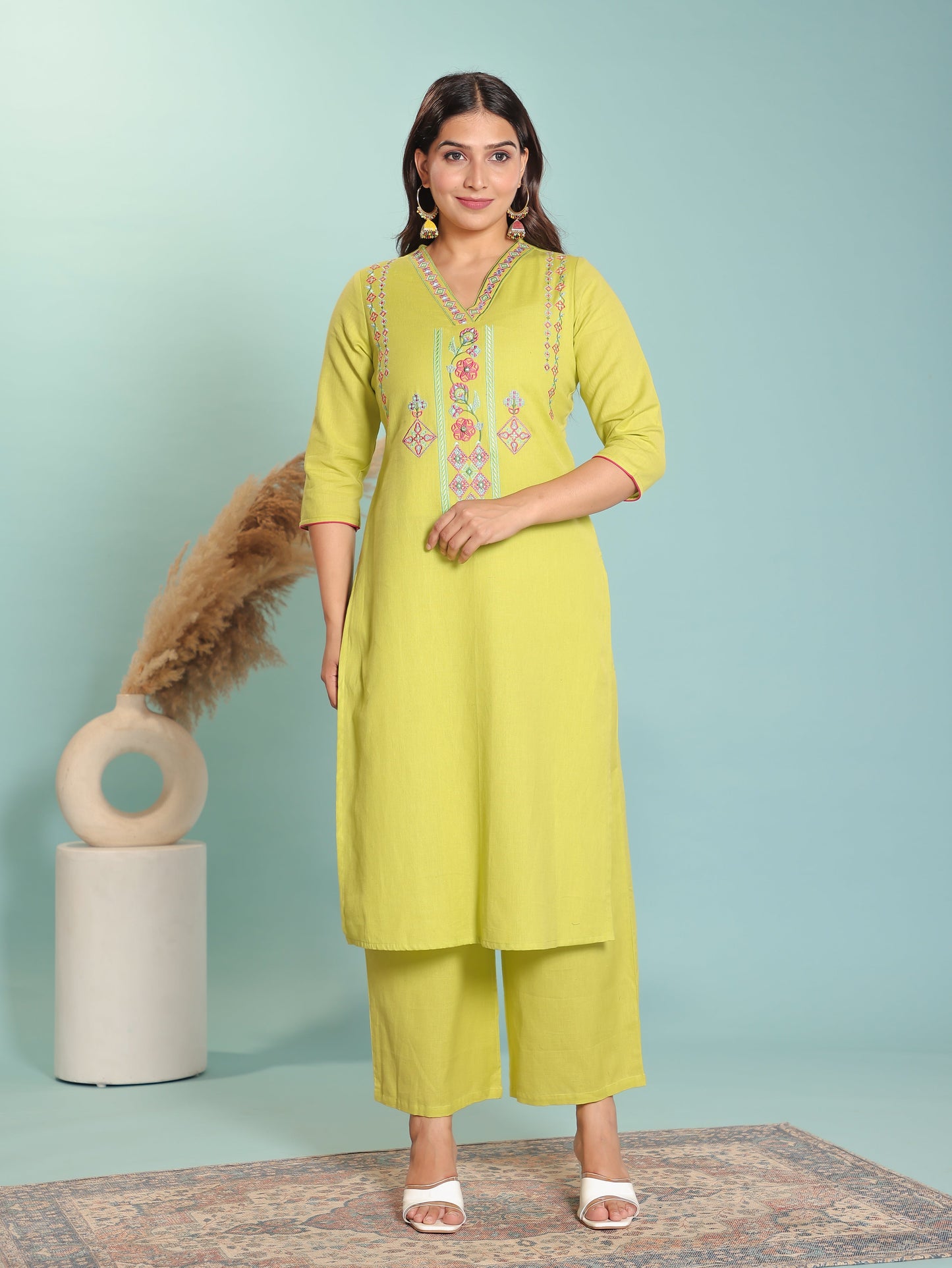 Embroidered Linen Cotton Solid A-line Lime Green Kurta