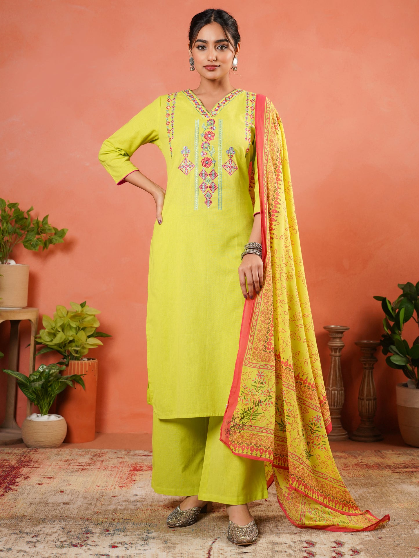 Embroidered Linen Cotton Solid A-line Lime Green Kurta
