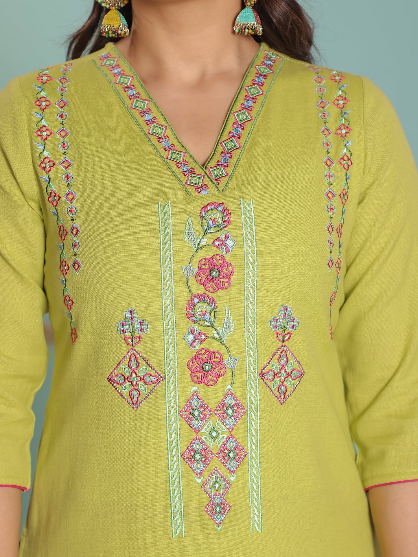 Embroidered Linen Cotton Solid A-line Lime Green Kurta