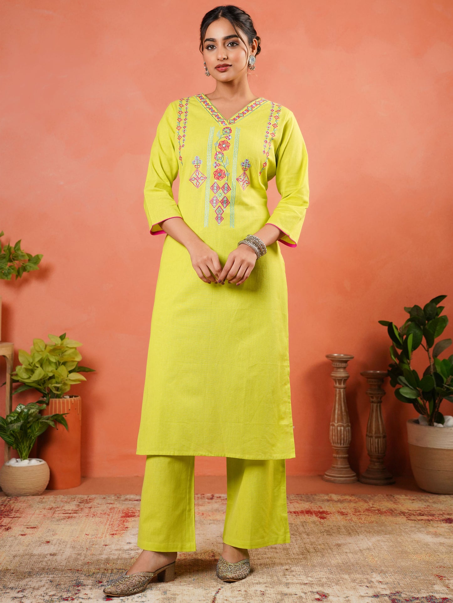 Embroidered Linen Cotton Solid A-line Lime Green Kurta