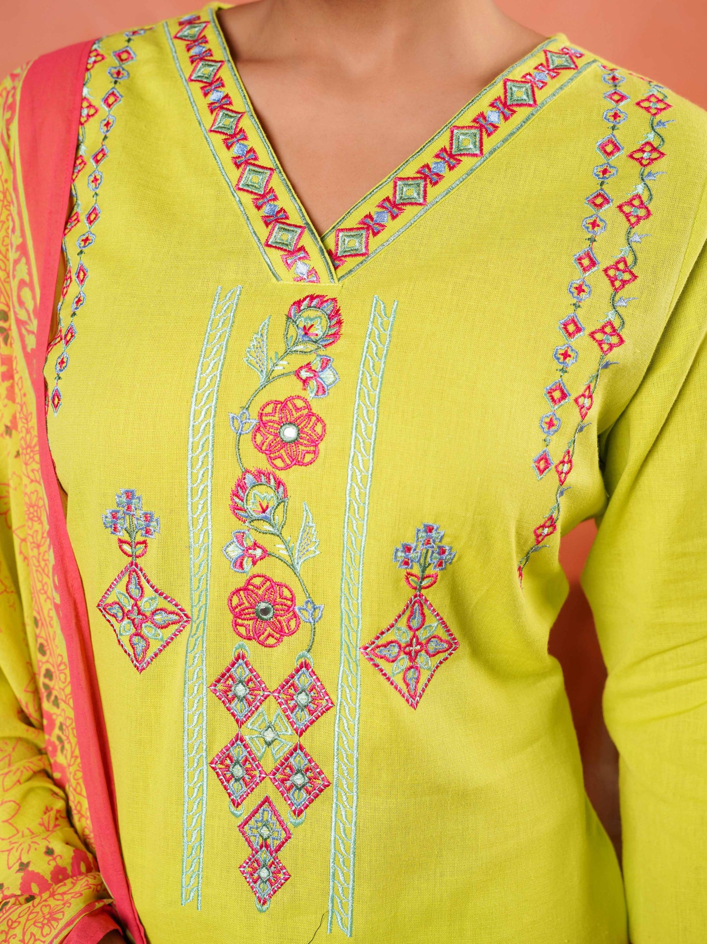 Embroidered Linen Cotton Solid A-line Lime Green Kurta