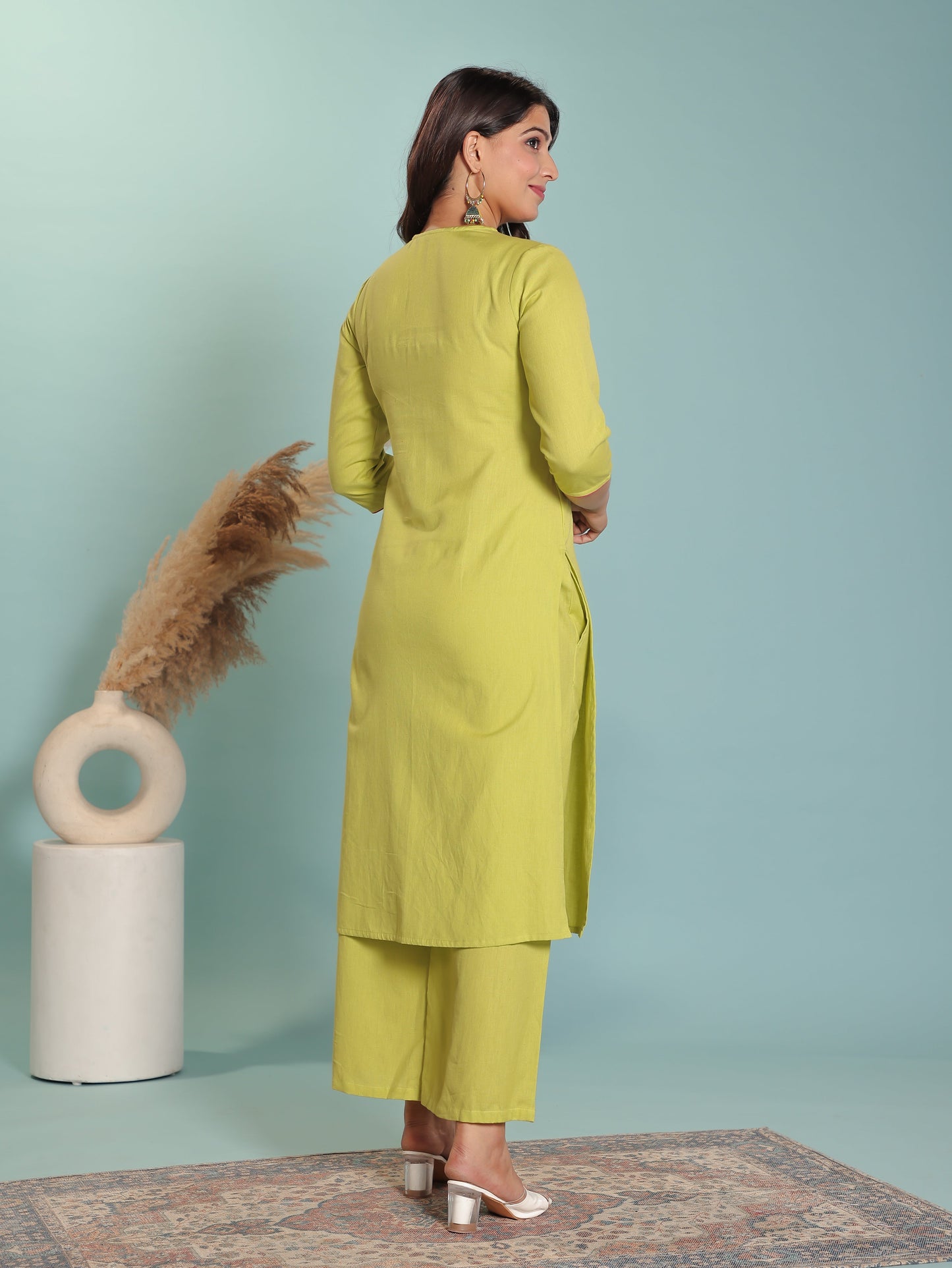 Embroidered Linen Cotton Solid A-line Lime Green Kurta