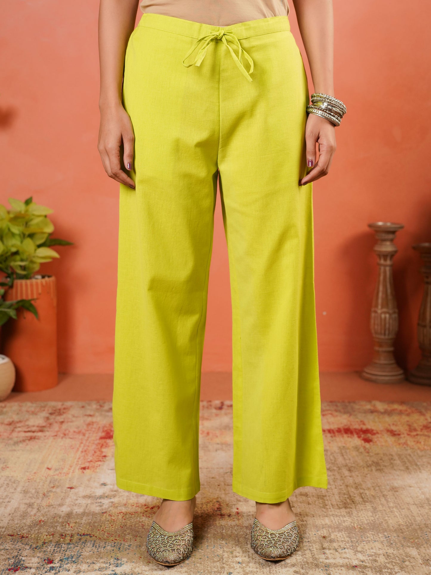 Embroidered Linen Cotton Solid A-line Lime Green Kurta