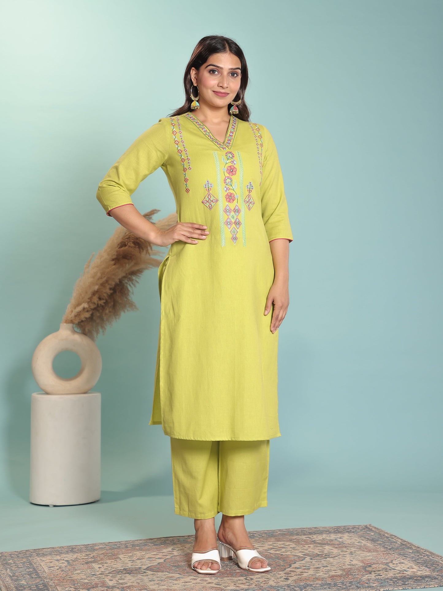 Embroidered Linen Cotton Solid A-line Lime Green Kurta