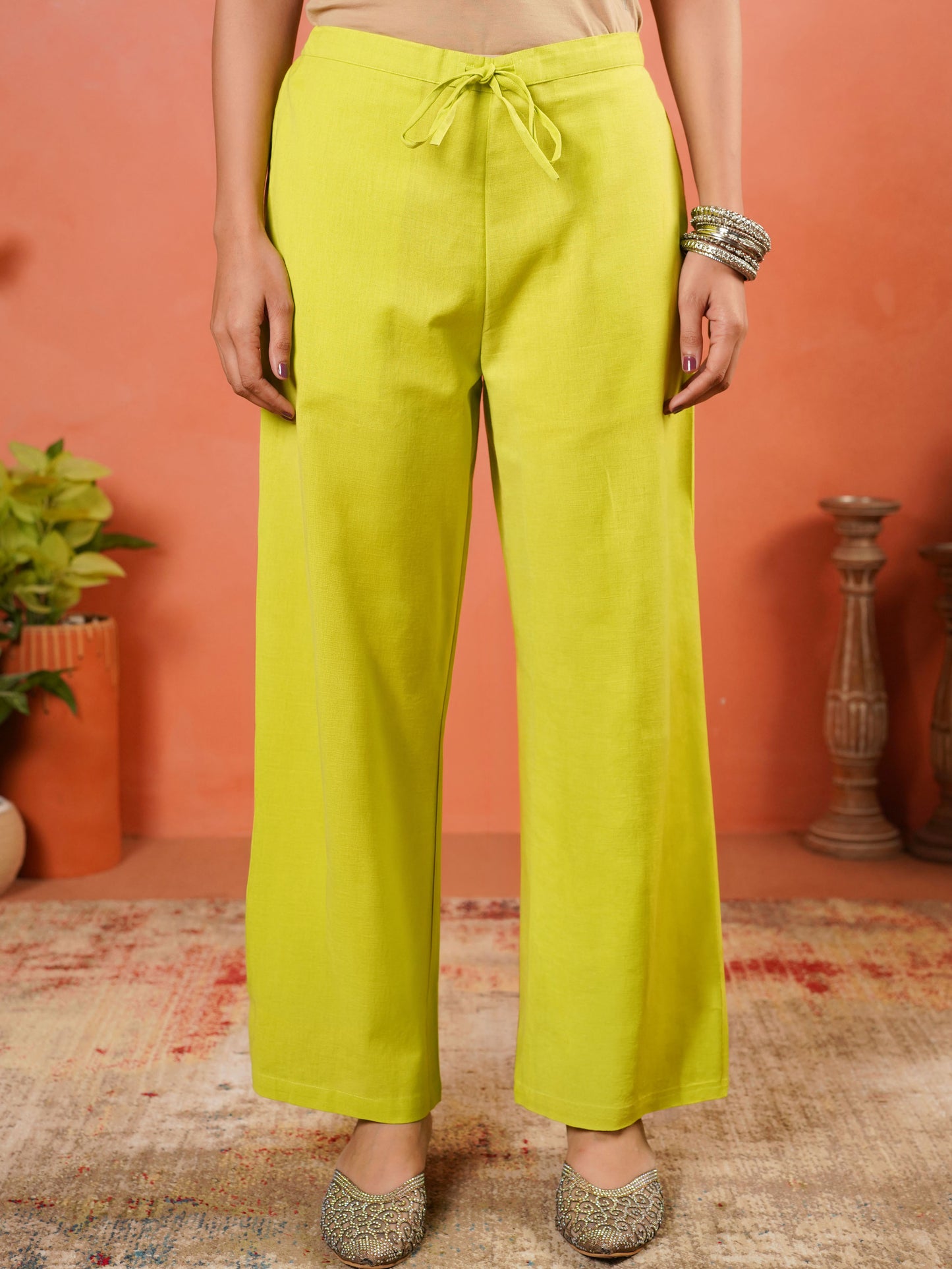 Linen Cotton Solid Lime Green Flared Trousers