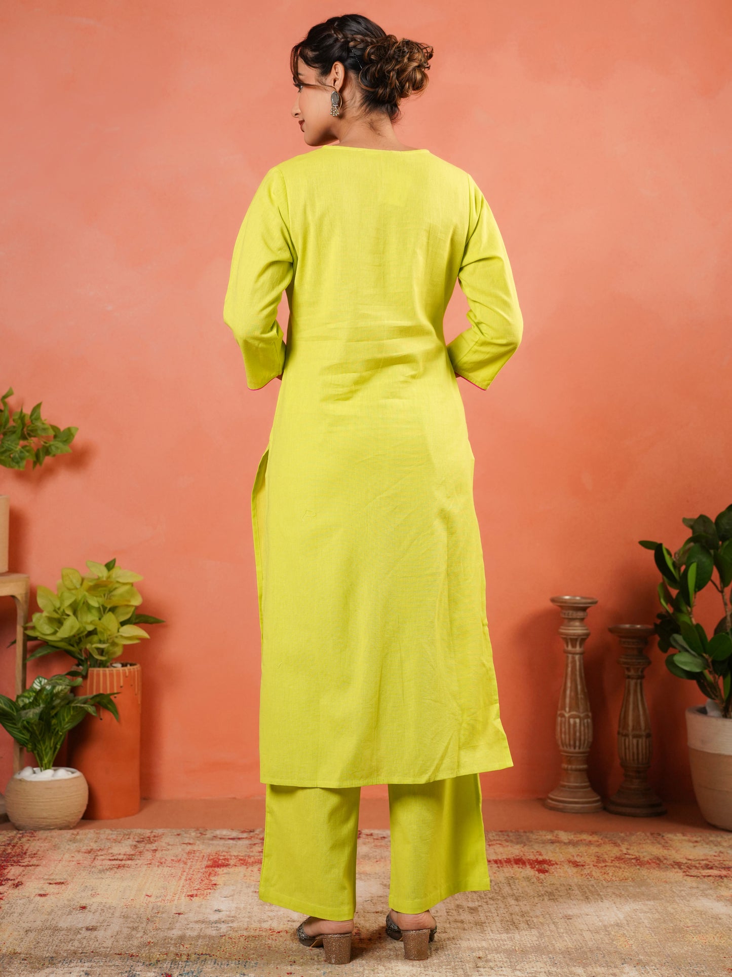 Embroidered Linen Cotton Solid A-line Lime Green Kurta