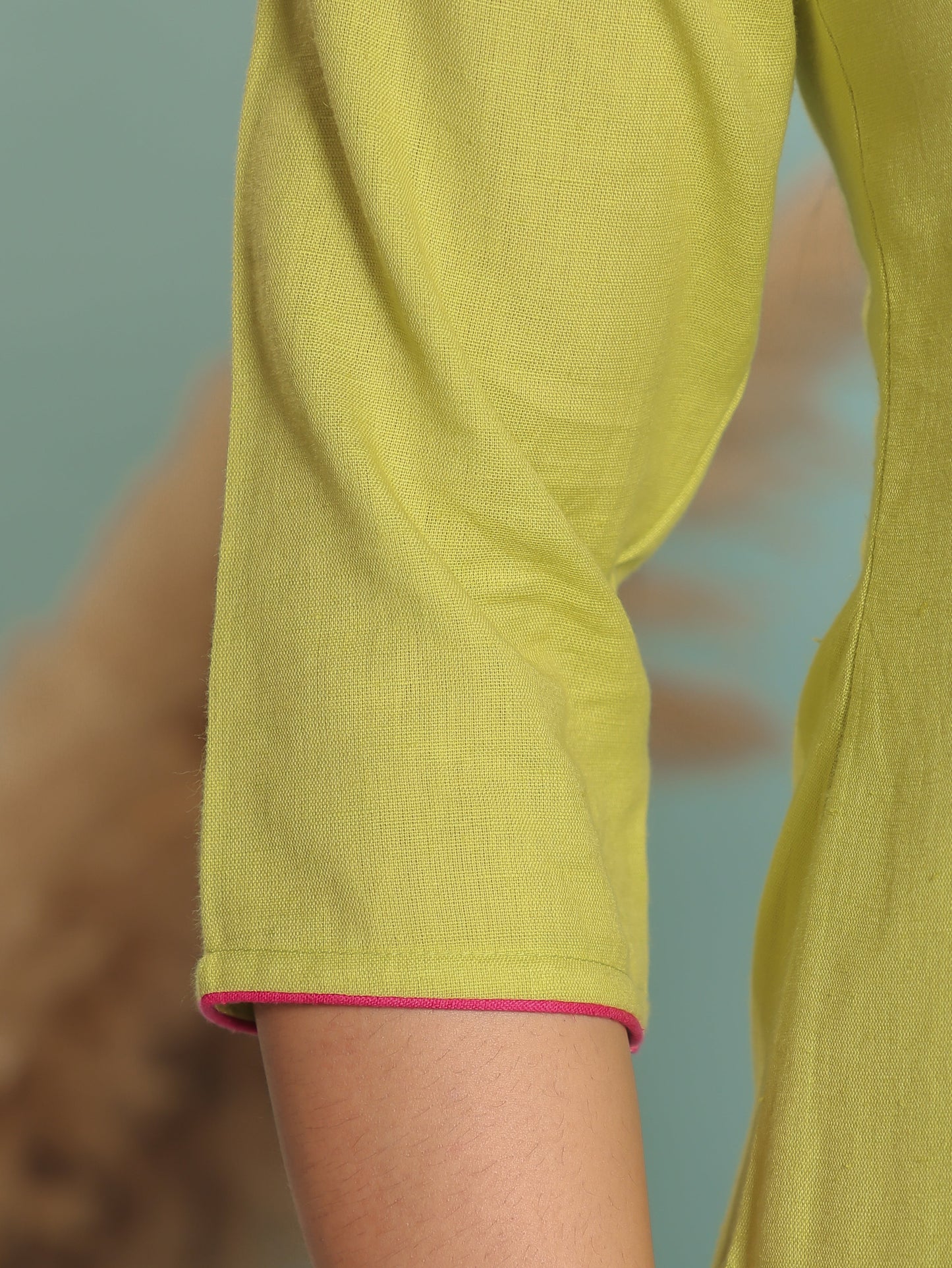 Embroidered Linen Cotton Solid A-line Lime Green Kurta