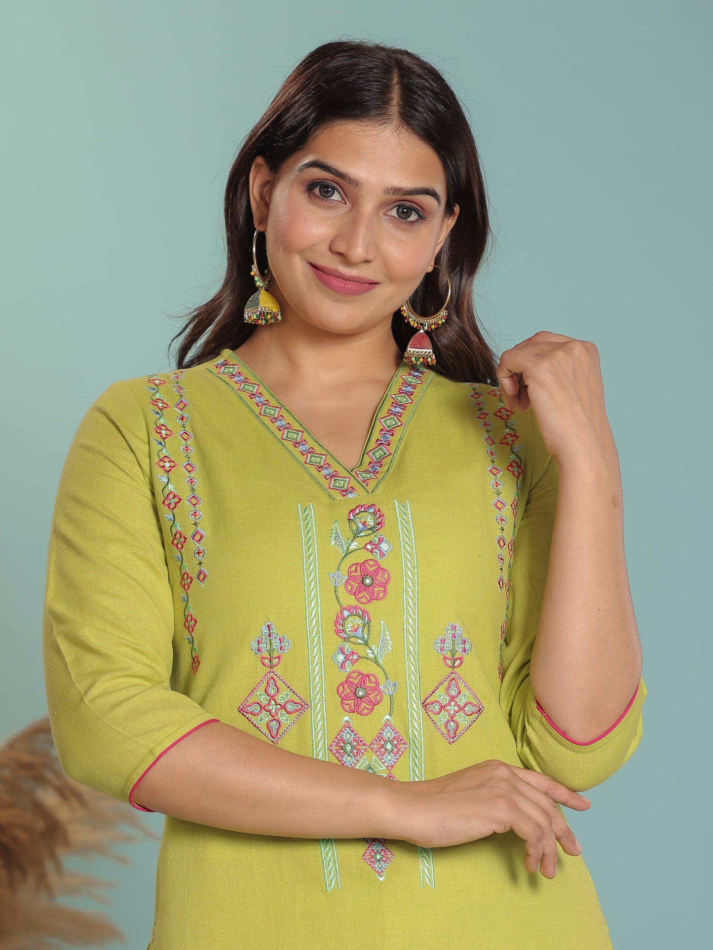 Embroidered Linen Cotton Solid A-line Lime Green Kurta