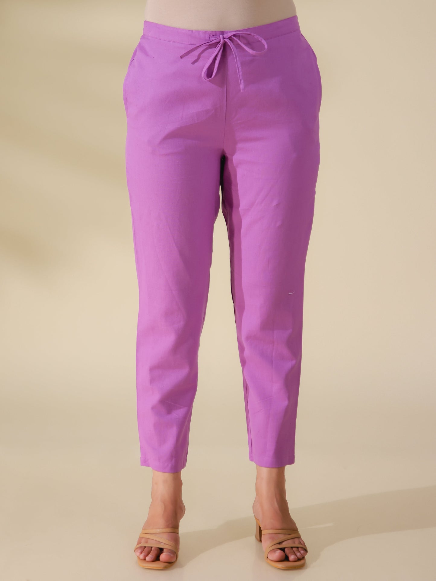Linen Cotton Solid Purple Tapered Trousers