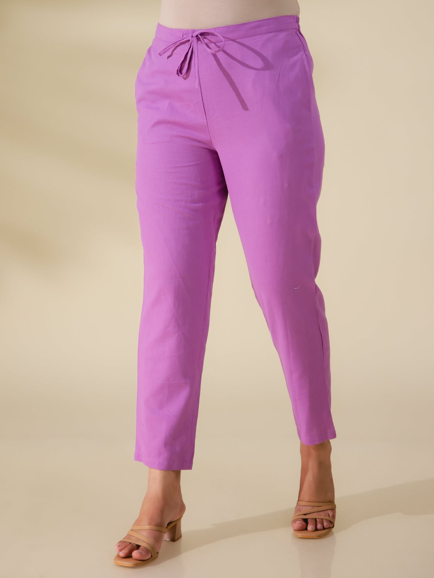 Linen Cotton Solid Purple Tapered Trousers