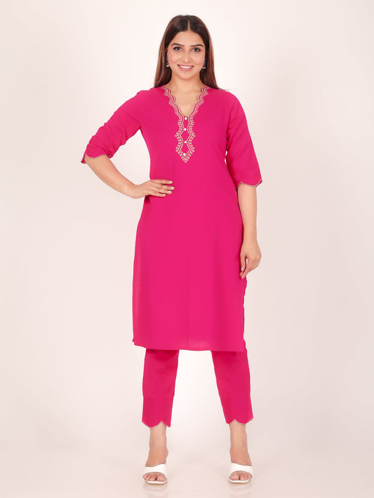 Linen Cotton Solid Straight Pink Kurta