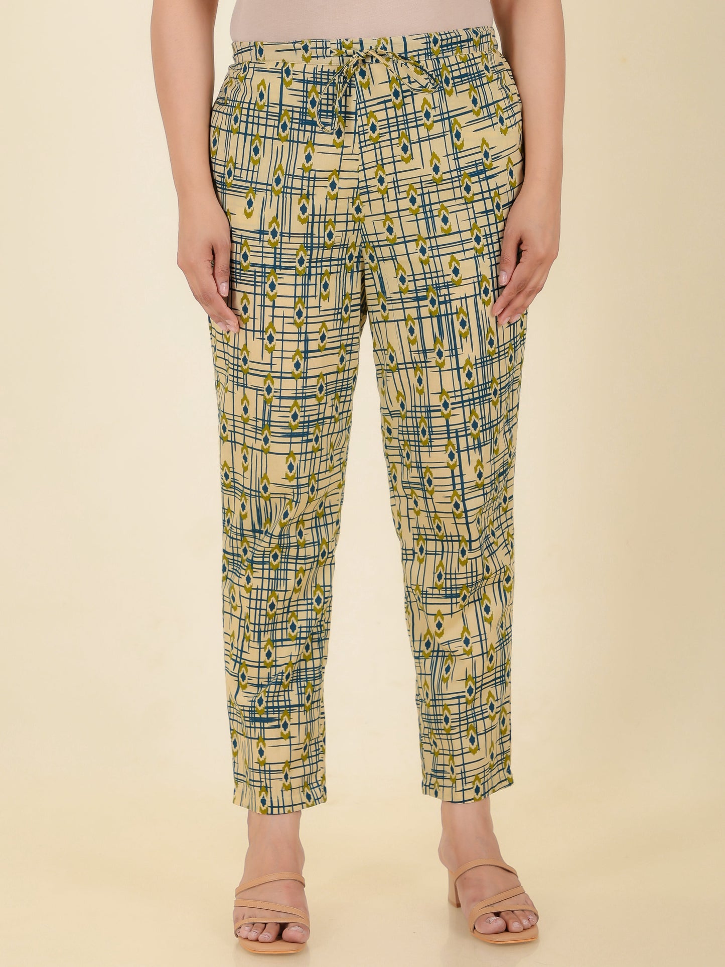 Soft Cotton Abstract Green Tapered Trousers